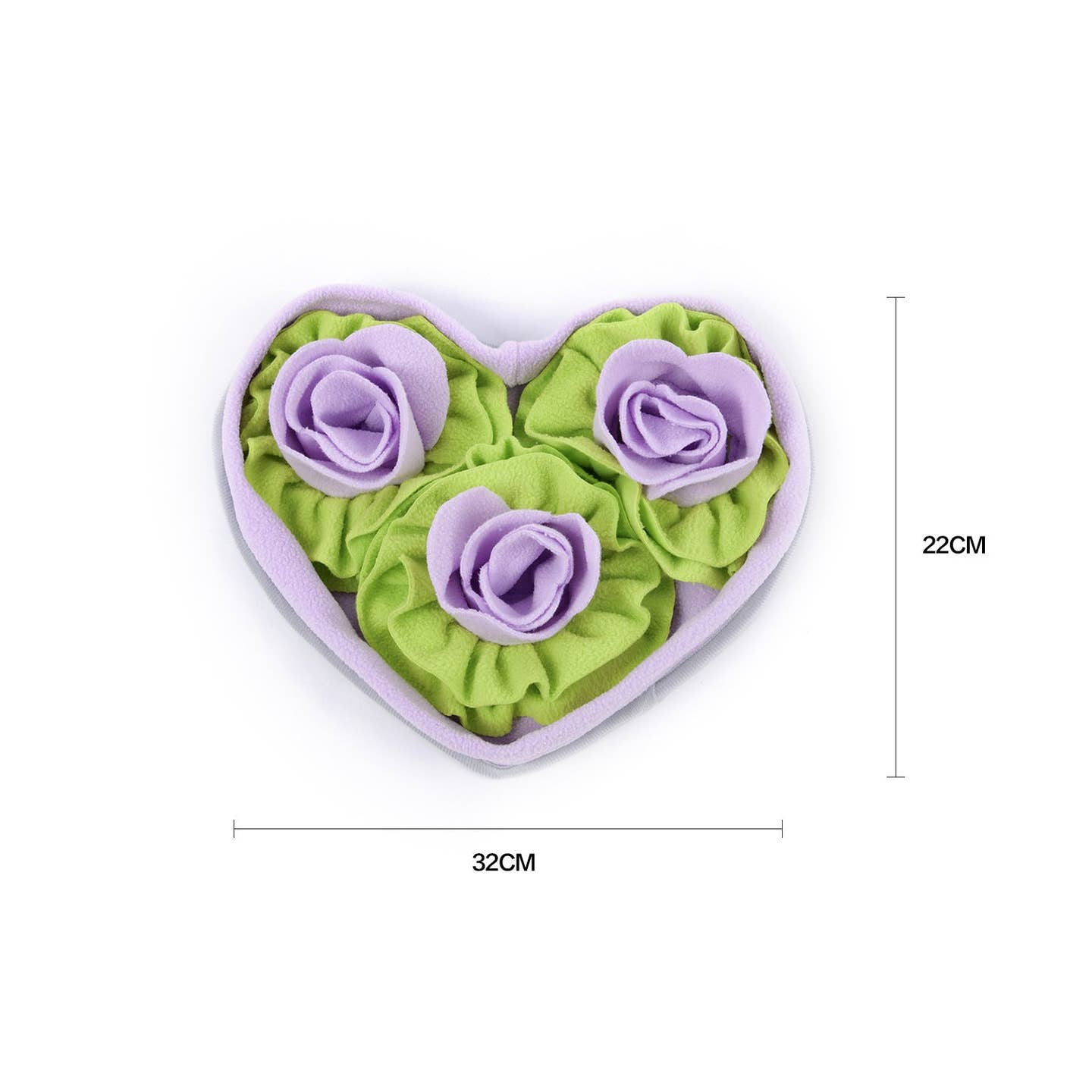 Heart-shaped snuffle mat with rose designs in purple and green